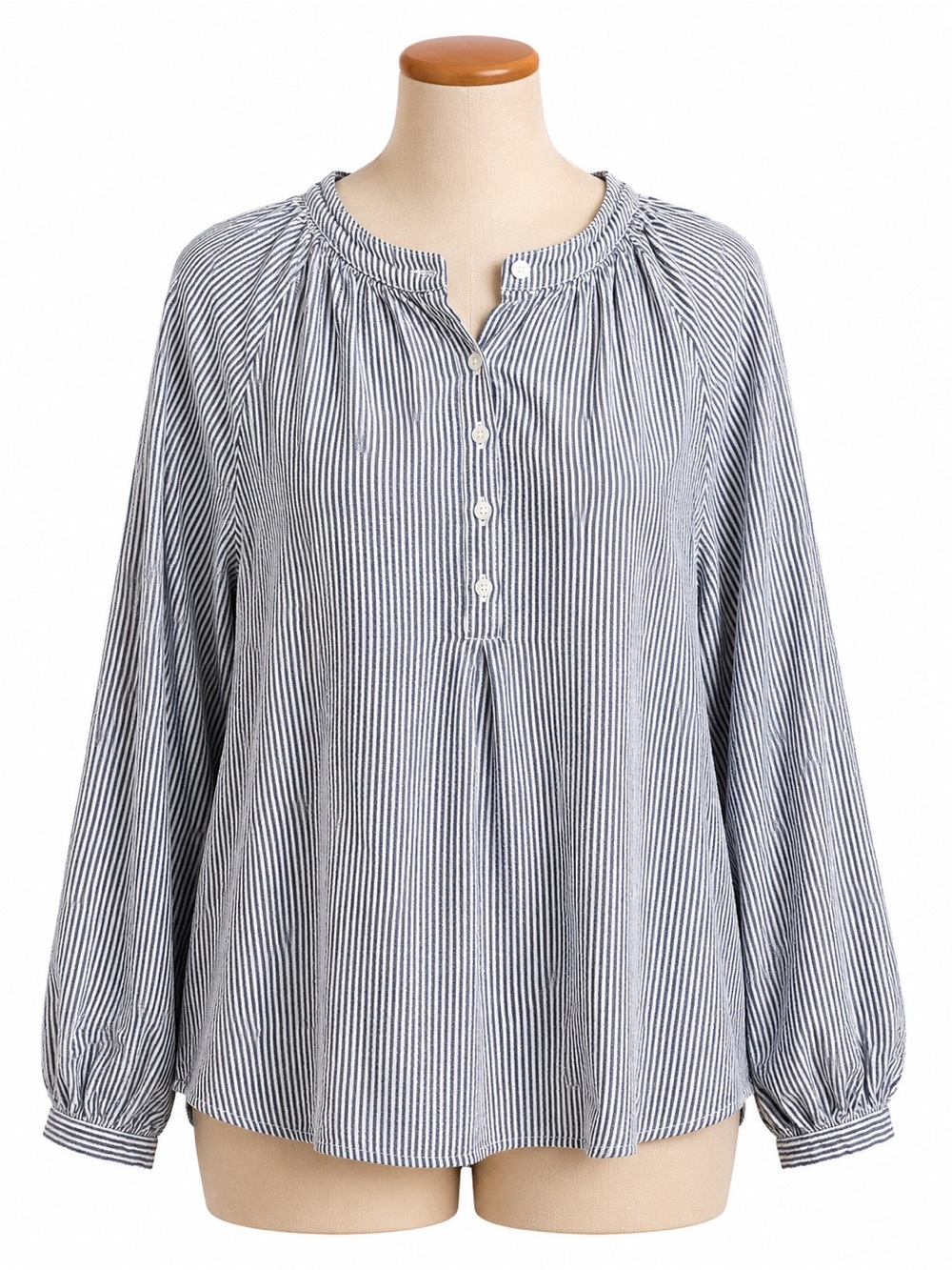 Time and Tru Blue & White Striped Button-Front Peasant Top 100% cotton